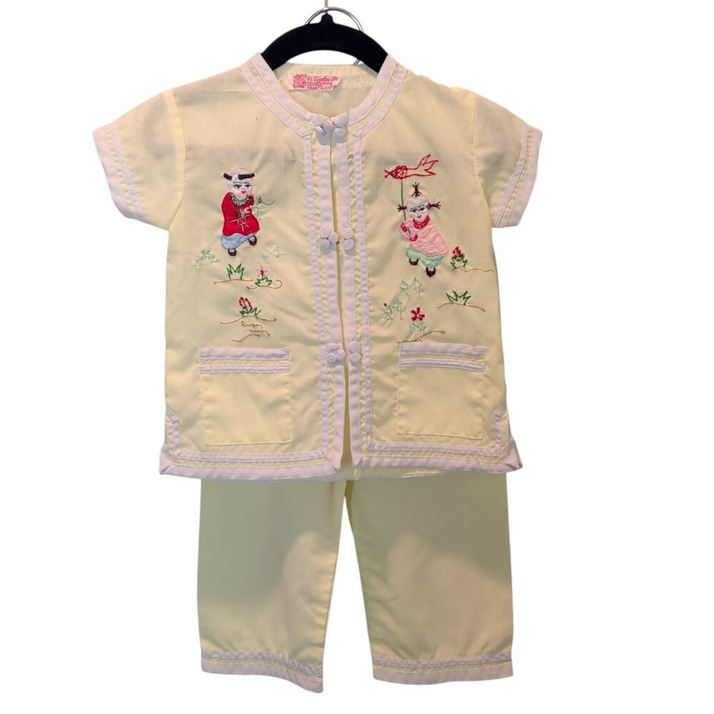 Vintage Azalea Chinese Baby Toddler Two Piece Outfit Pale Yellow Embroidered